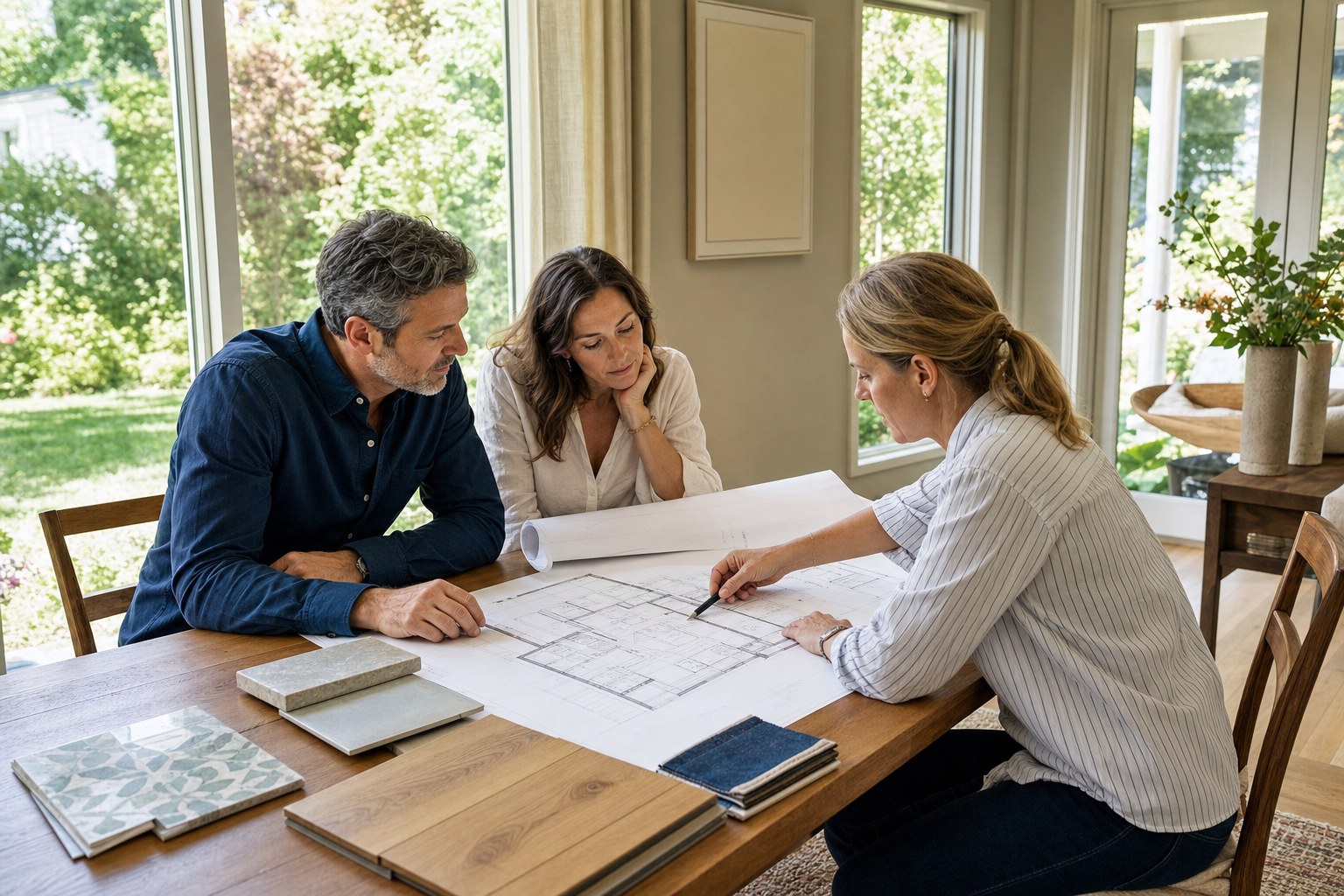 Homeowners comparing home plans and material samples with an architect at their kitchen table