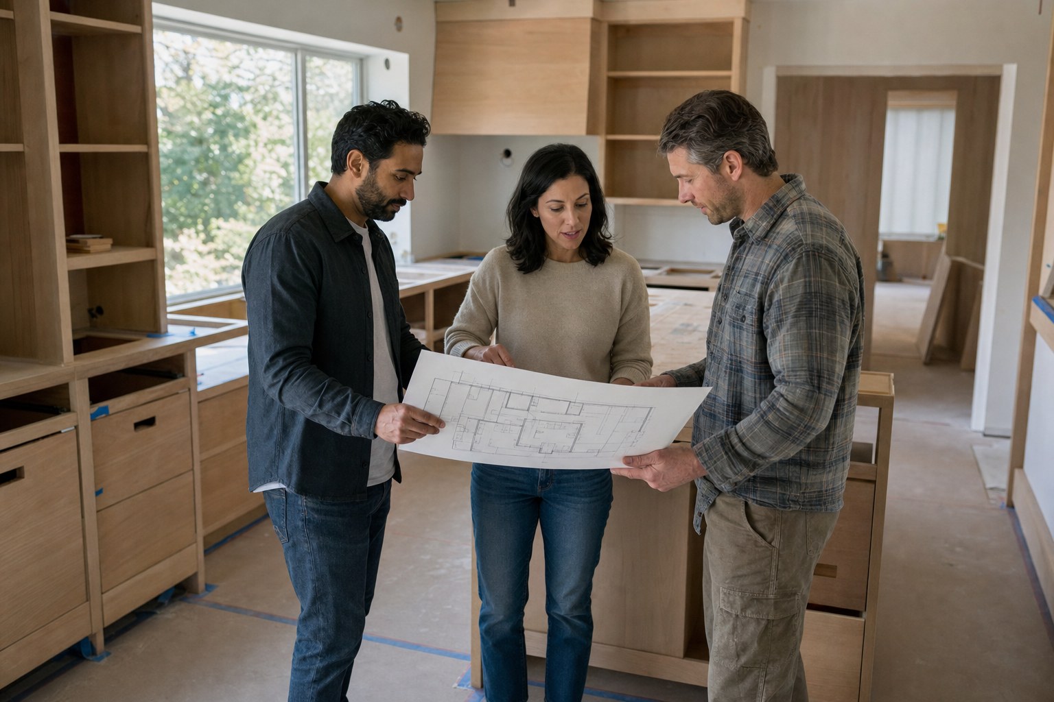 Homeowner, architect, and builder reviewing plans during a kitchen renovation
