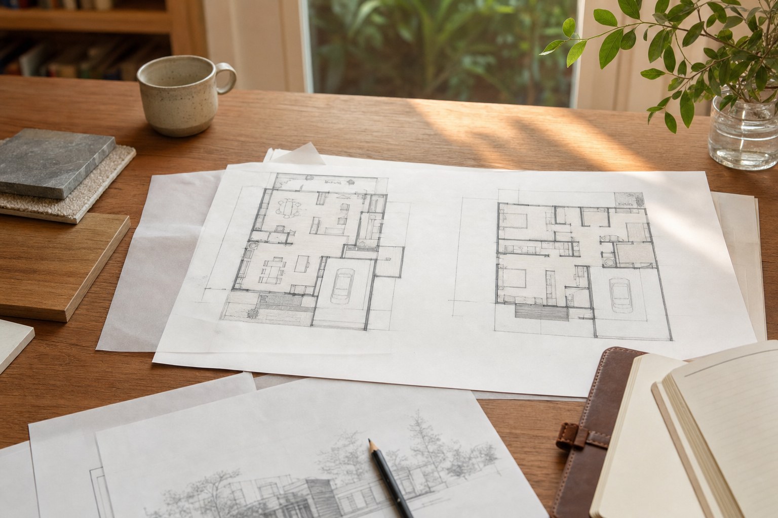 Two early home plan options with material samples on a sunlit table