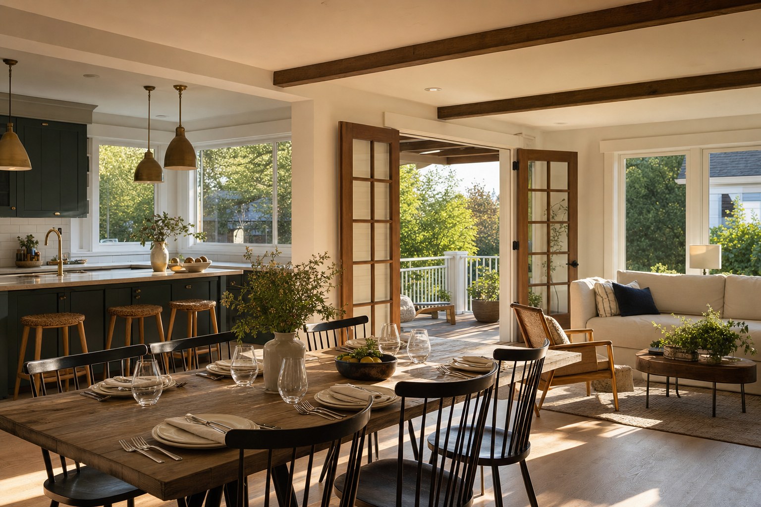 Completed kitchen, dining room, and living area connected to a sunny porch