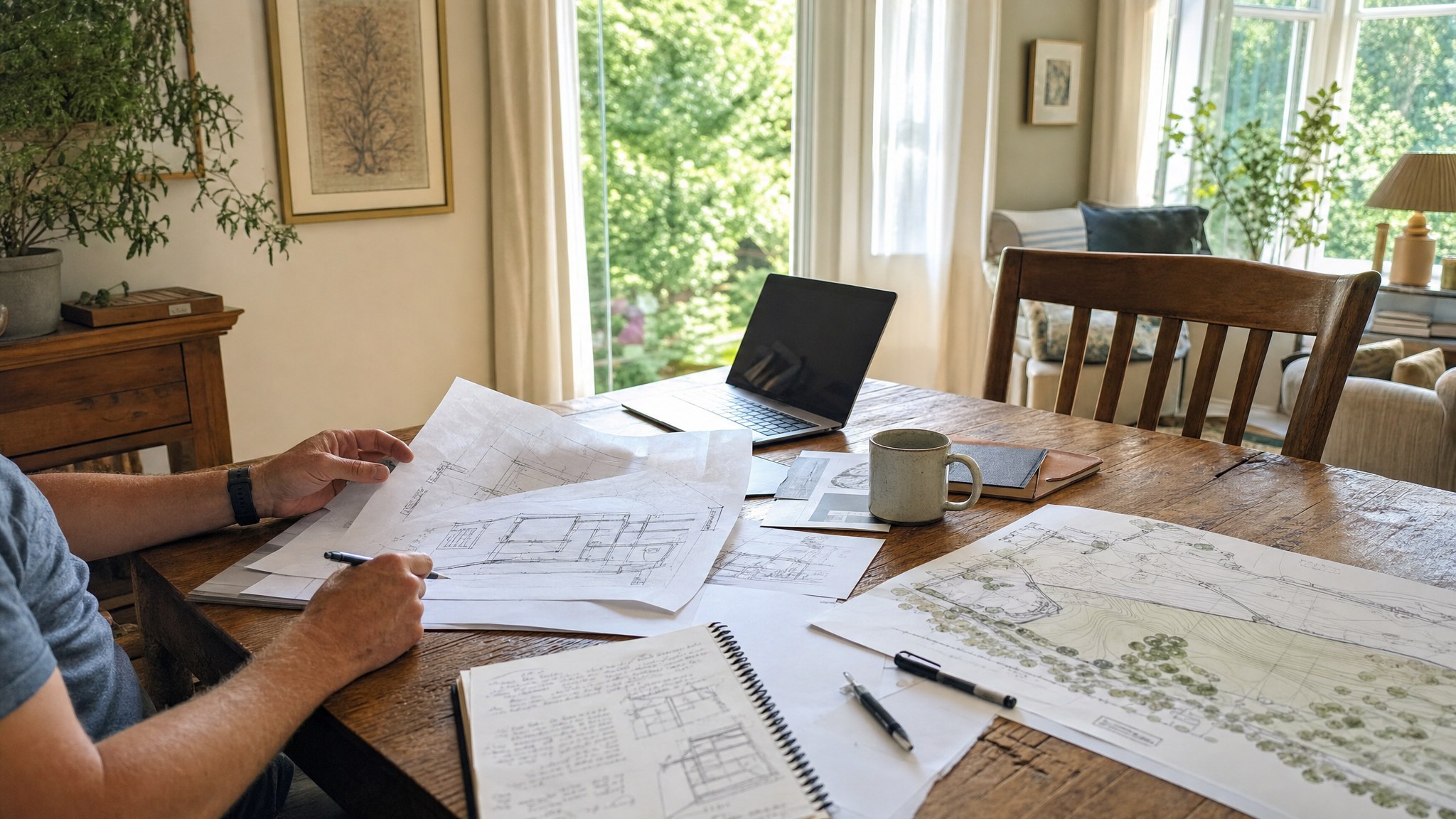Homeowner reviewing house sketches, a site plan, and notes at a sunlit dining table
