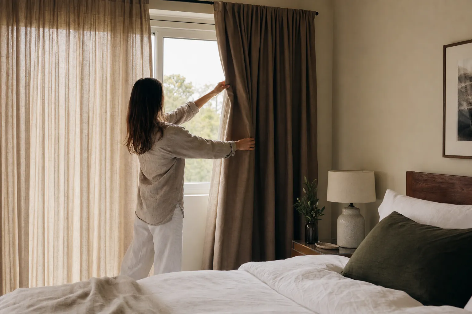 Homeowner adjusting layered curtains in a bedroom to balance daylight and nighttime darkness