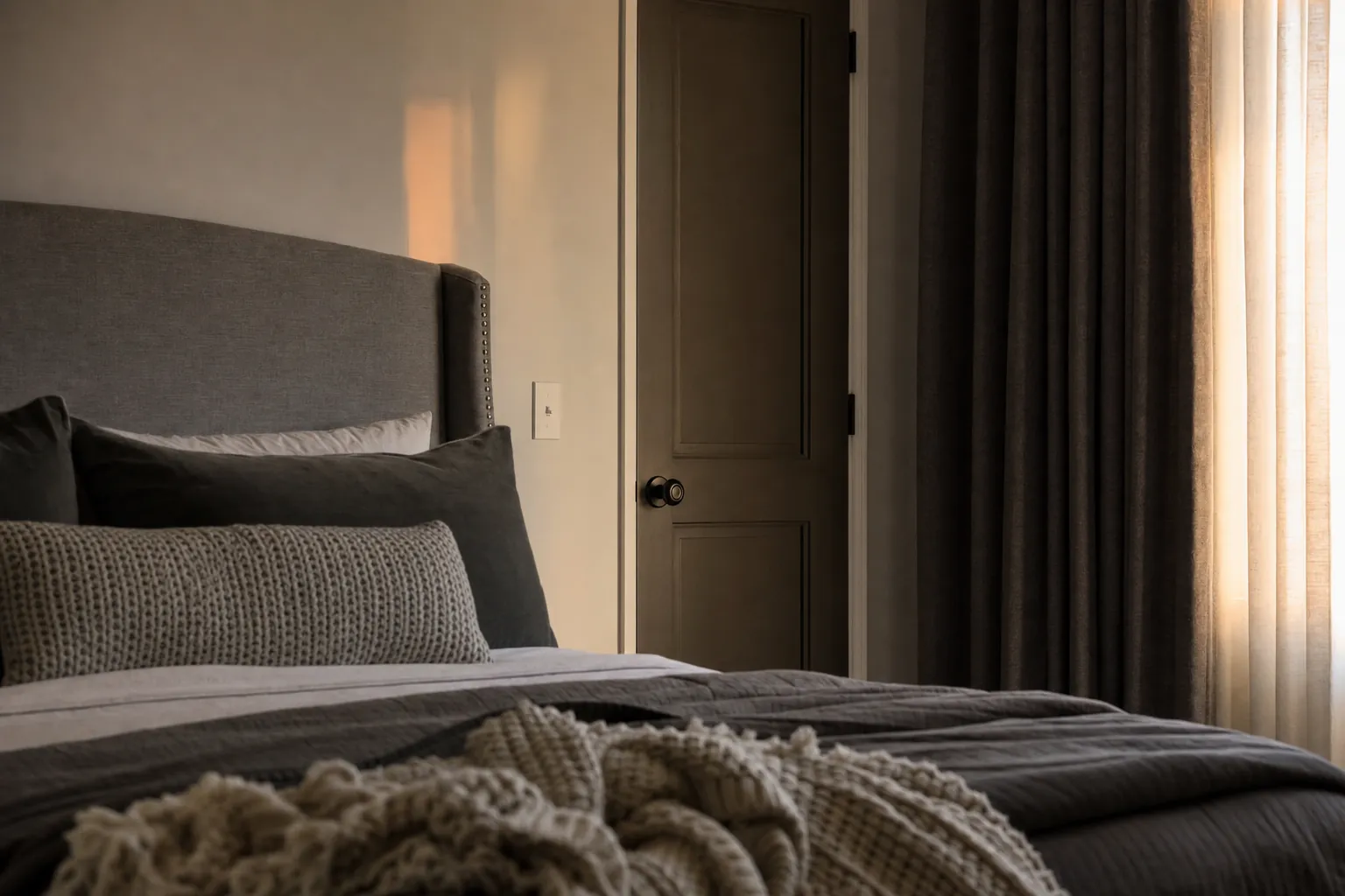 Bedroom with a closed door, layered curtains, and soft textiles that support a quieter sleep space