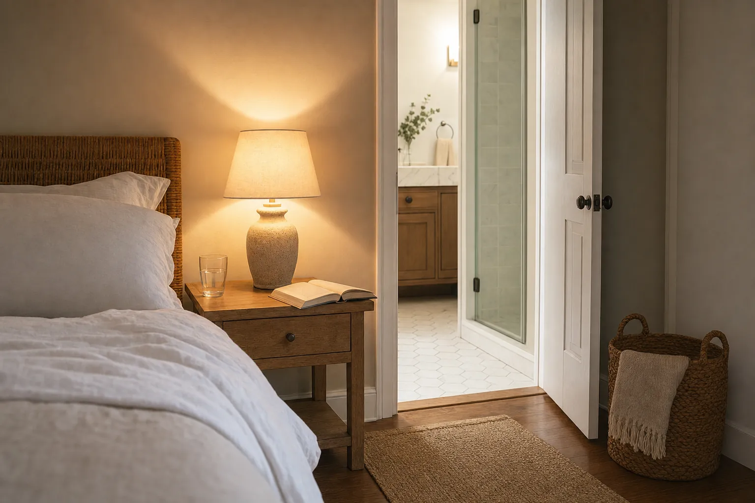 Bedroom bedside area with a warm lamp and a clear, calm route to an adjoining bathroom