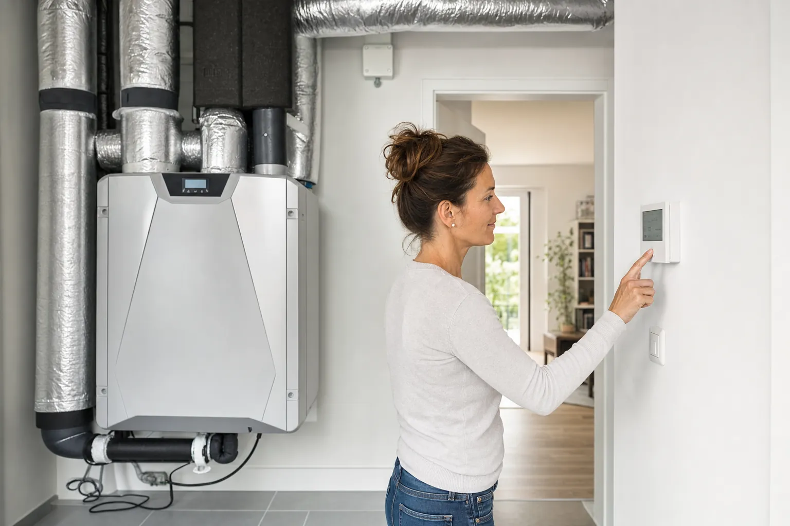 Homeowner checking a fresh-air ventilation control beside residential ductwork