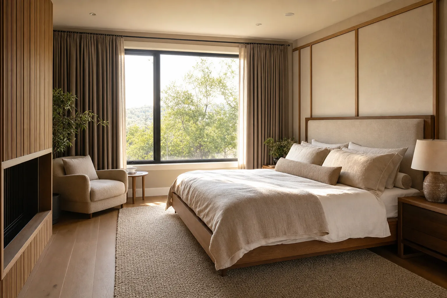Quiet bedroom with soft morning light, curtains, and natural materials