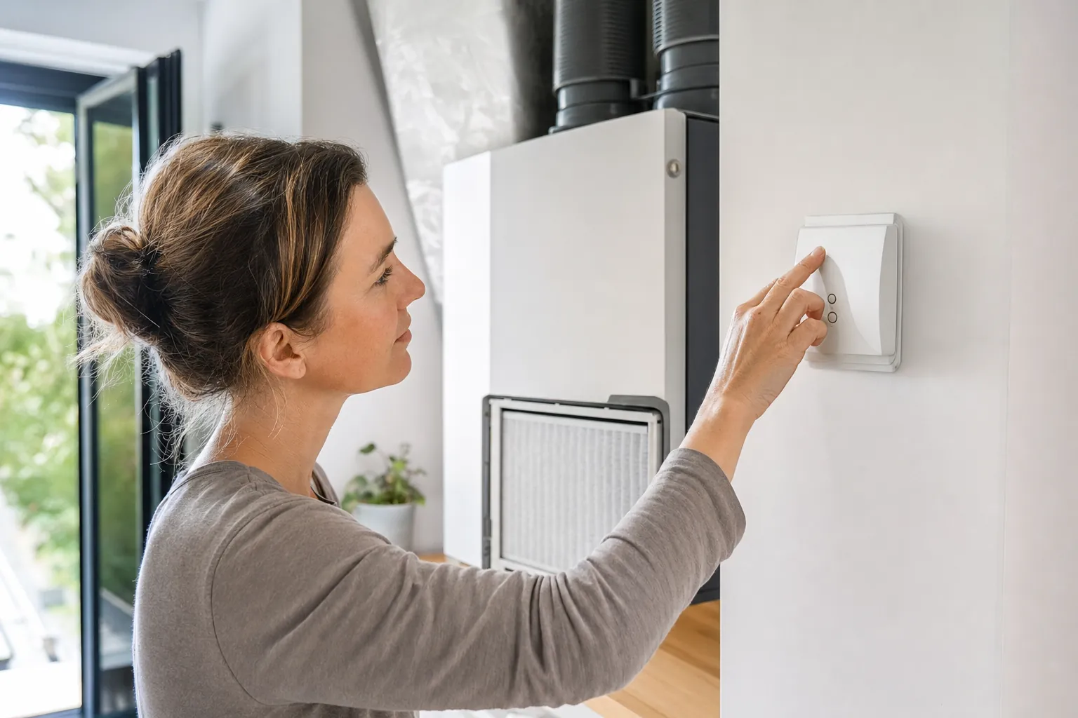 Homeowner checking a residential fresh-air ventilation control beside an accessible filter