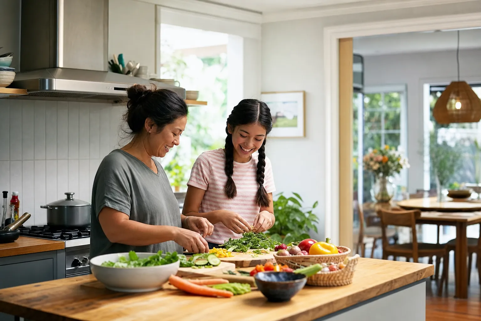 Parent and teenager preparing vegetables in a bright kitchen with a vented range and connected dining area