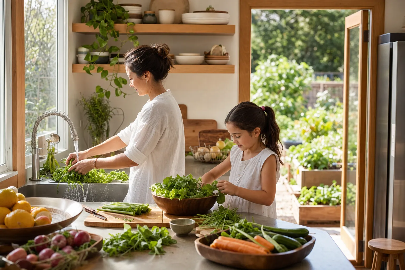 Parent and child preparing fresh vegetables in a bright home kitchen