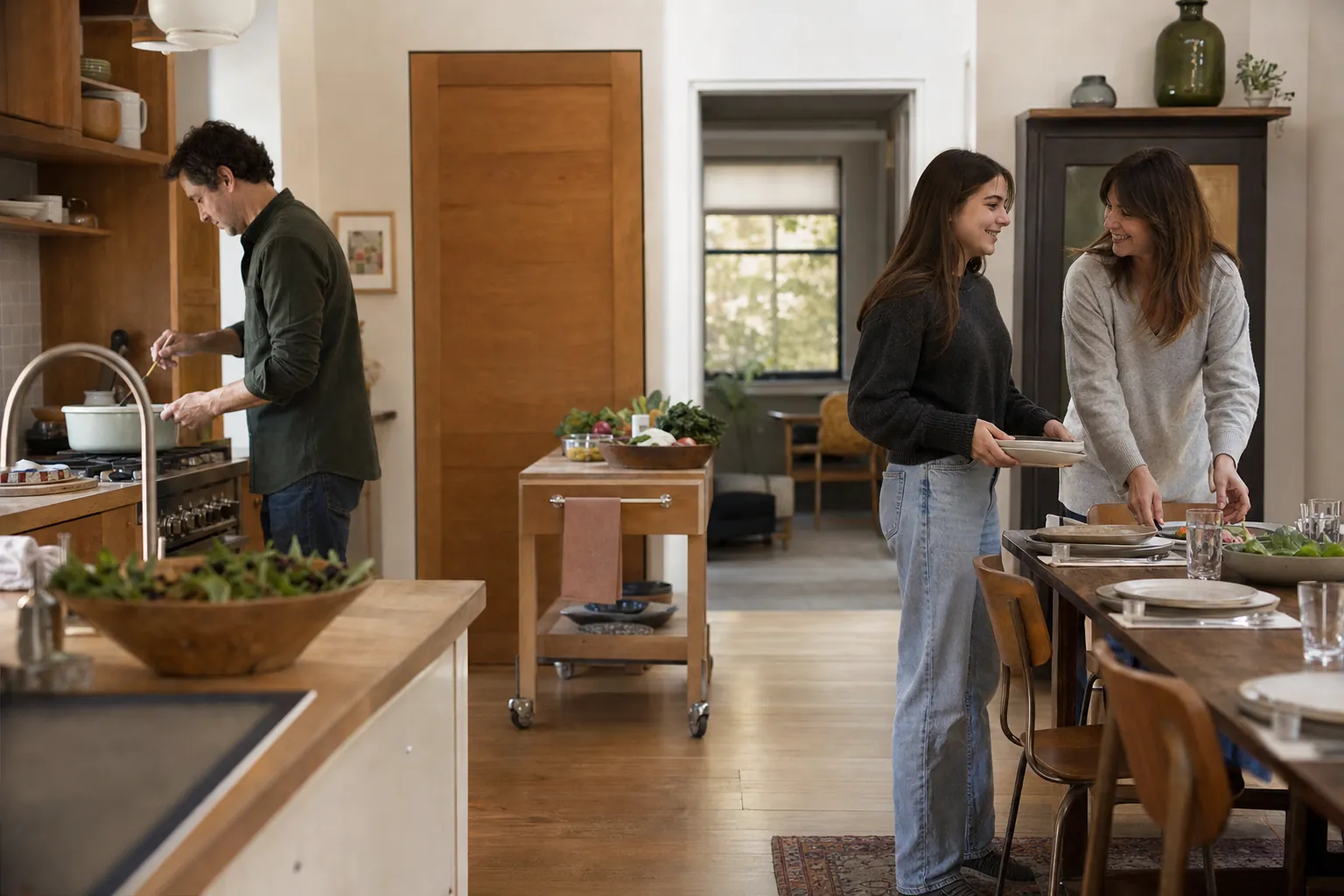 Family setting a table while dinner is prepared in a connected kitchen and dining space