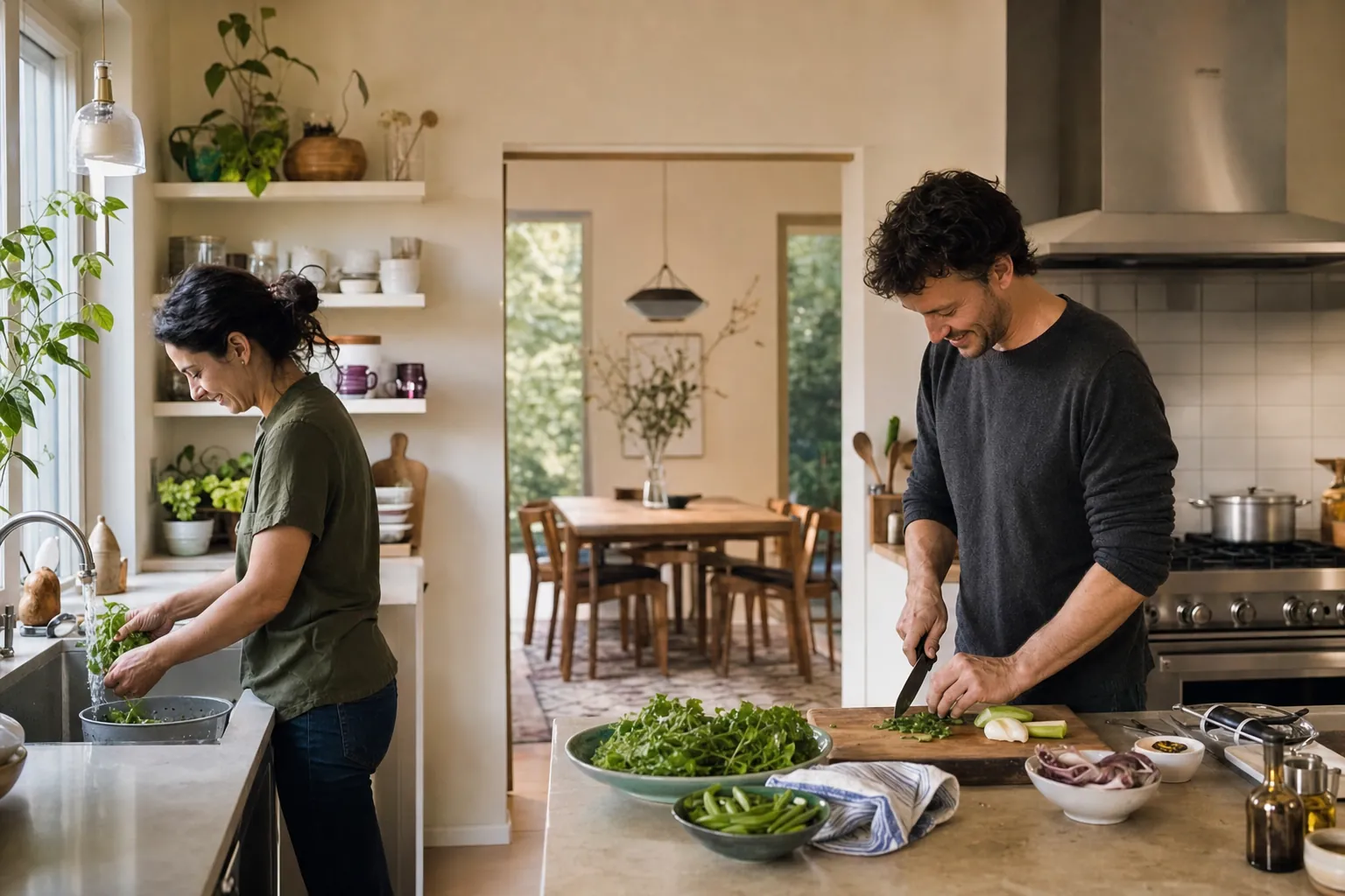 Two adults comfortably preparing a meal together in a bright home kitchen