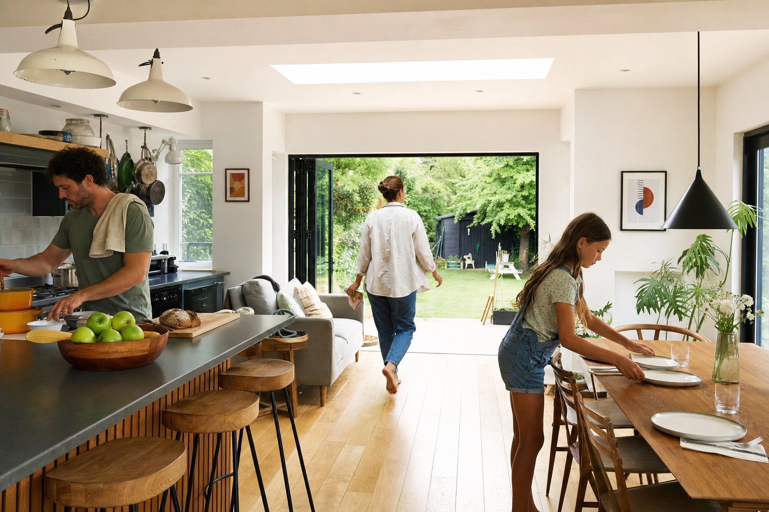 Family using a connected kitchen, dining, and backyard space with clear circulation