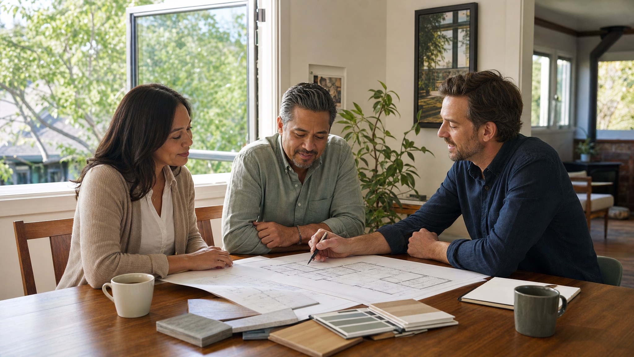 Homeowners reviewing home addition plans with an architect at a dining table