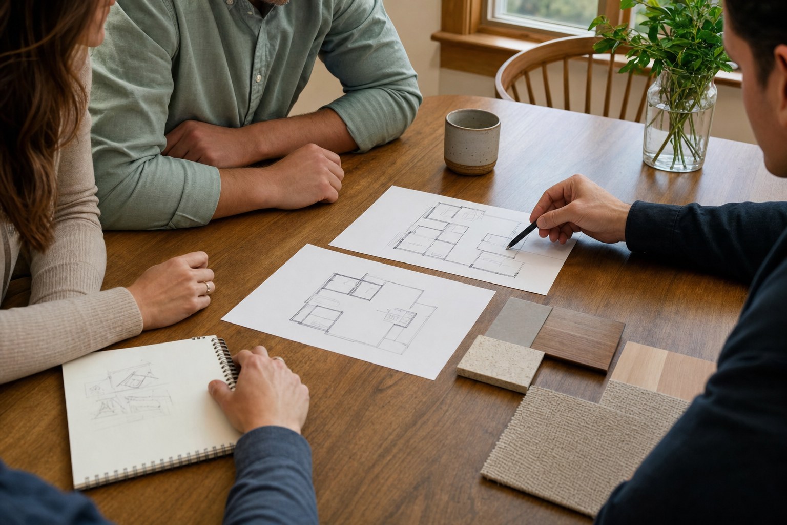 Homeowners and an architect comparing simple home addition floor plan options