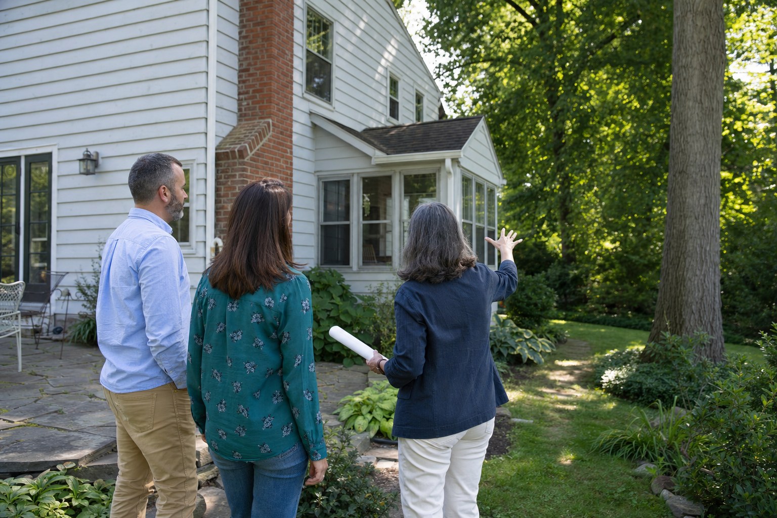 Architect and homeowners discussing where a home addition could fit beside their existing house