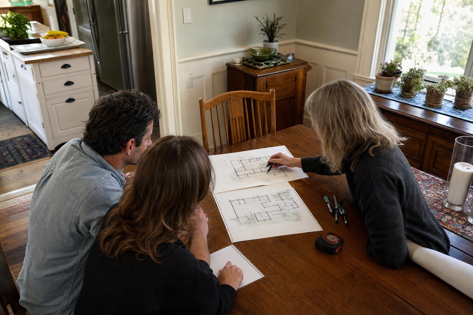 Homeowners and an architect comparing early addition sketches at a dining table