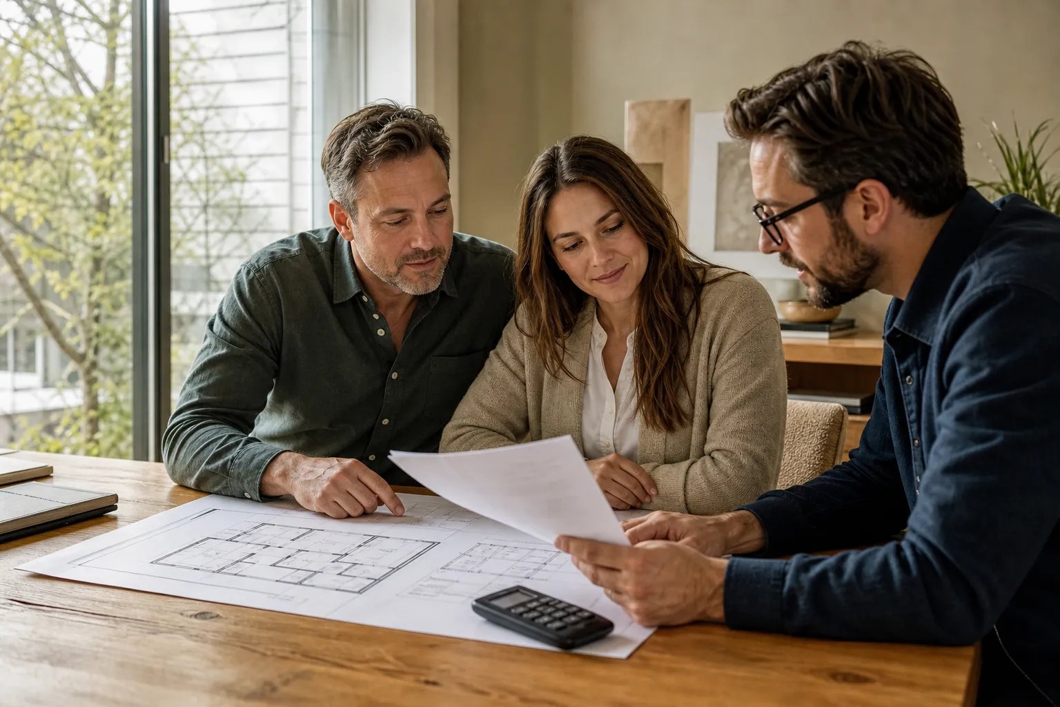 Architect and homeowners reviewing a custom home fee proposal and floor plan