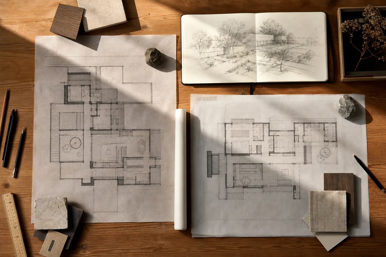 Floor plan drawings, tracing paper, pencils, and material samples on a studio table