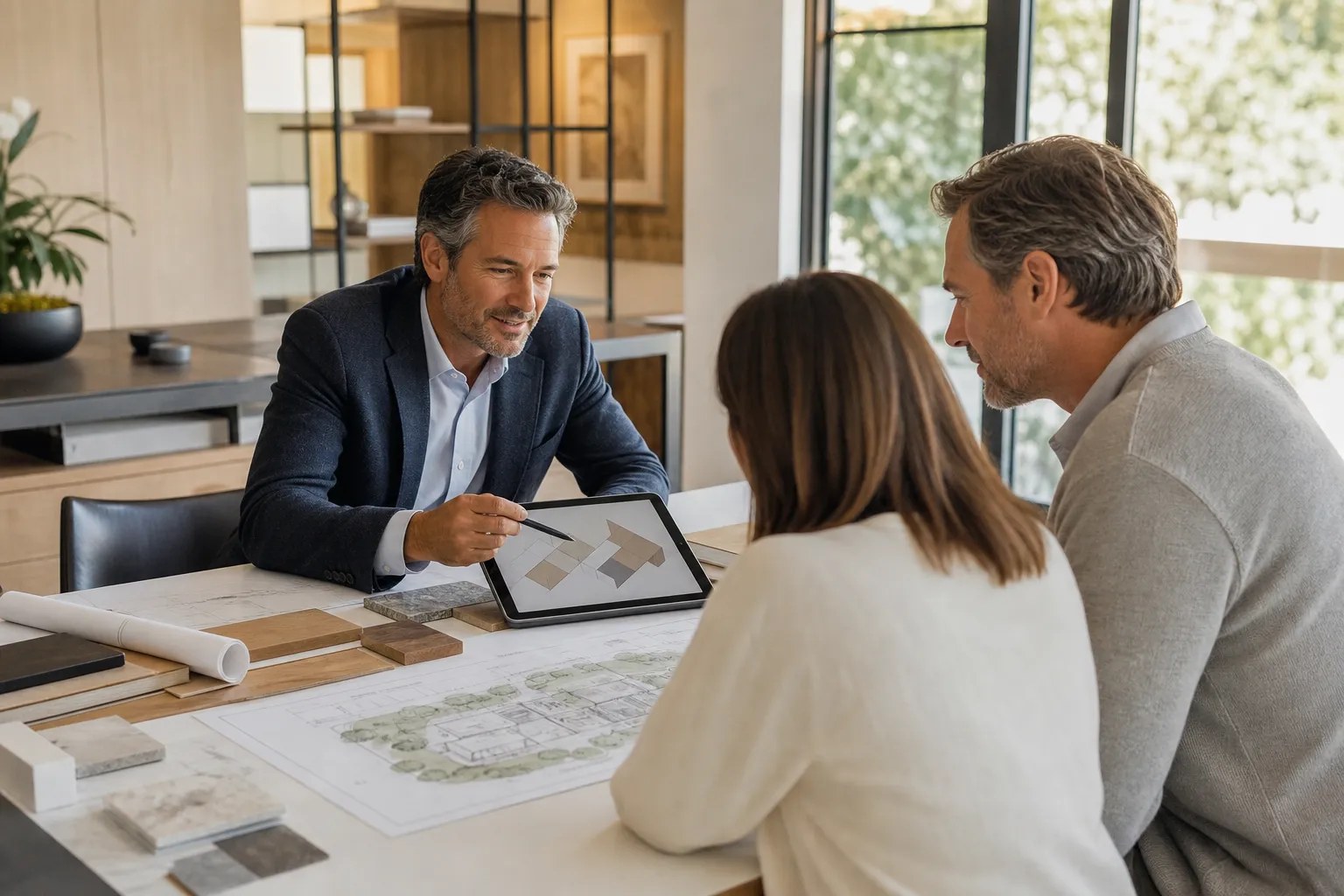 Architect meeting with homeowners around a custom home plan