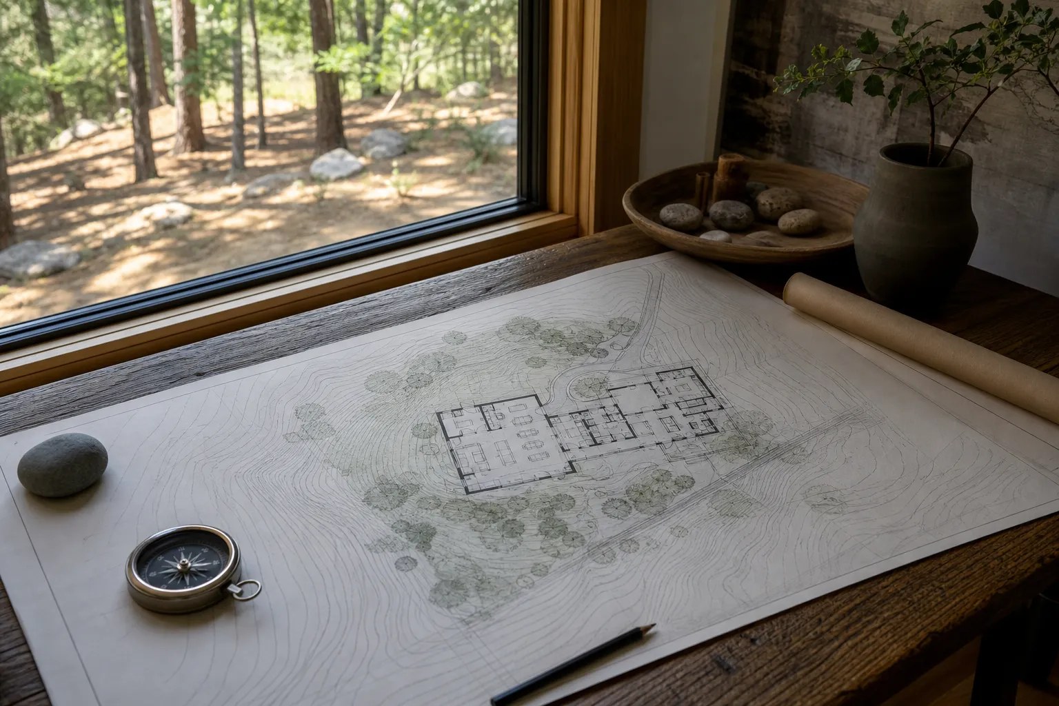 Custom house plans beside a site plan and wooded building lot