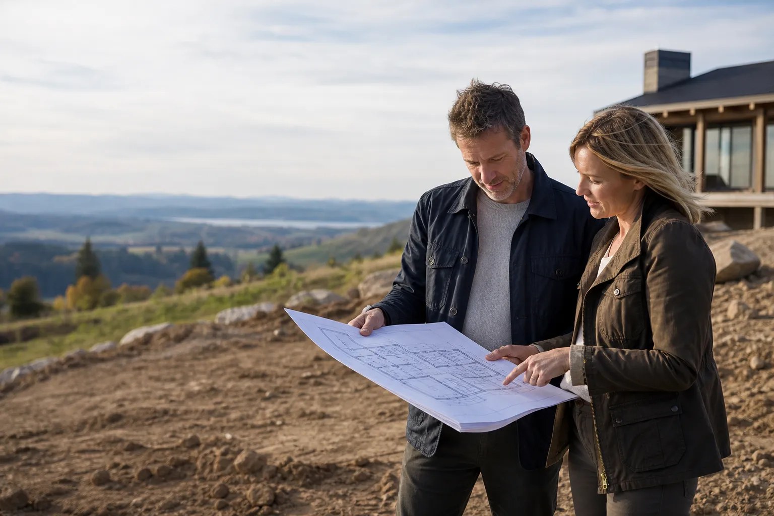 Architect and homeowner reviewing plans on a future building site