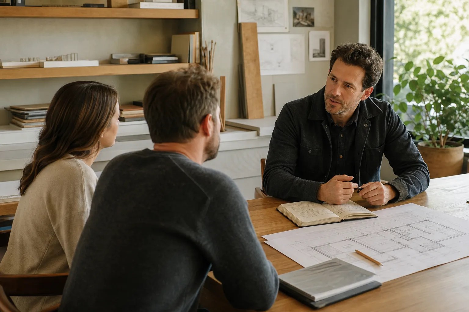 Architect listening to homeowners during an early project consultation