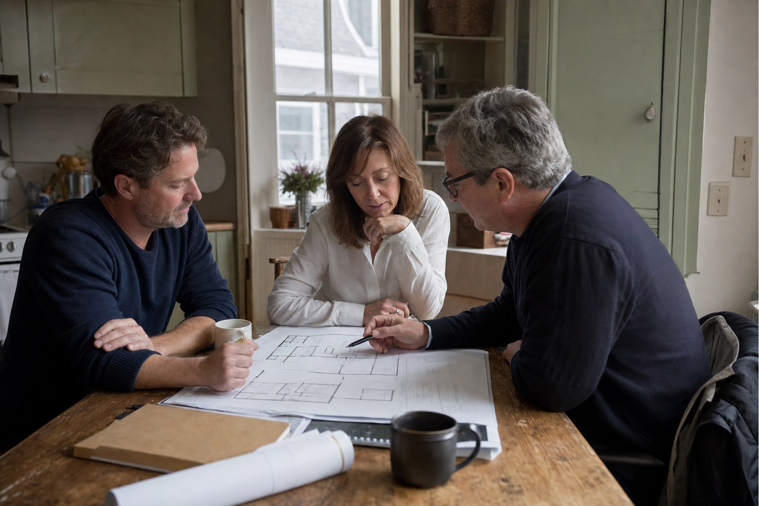 Couple discussing renovation plans with an architect at their kitchen table