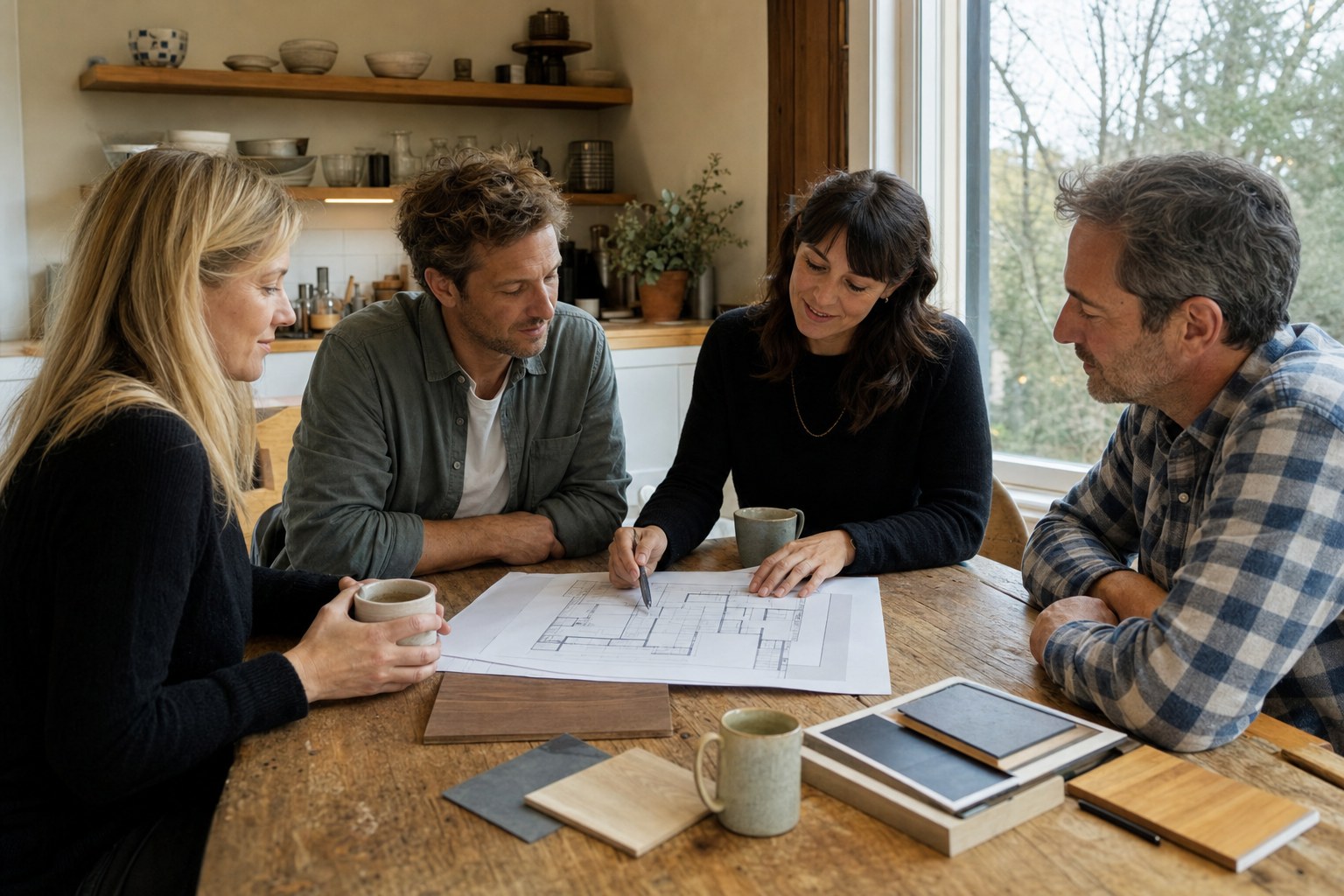 Homeowners, an architect, and a builder gathered around renovation plans in a kitchen