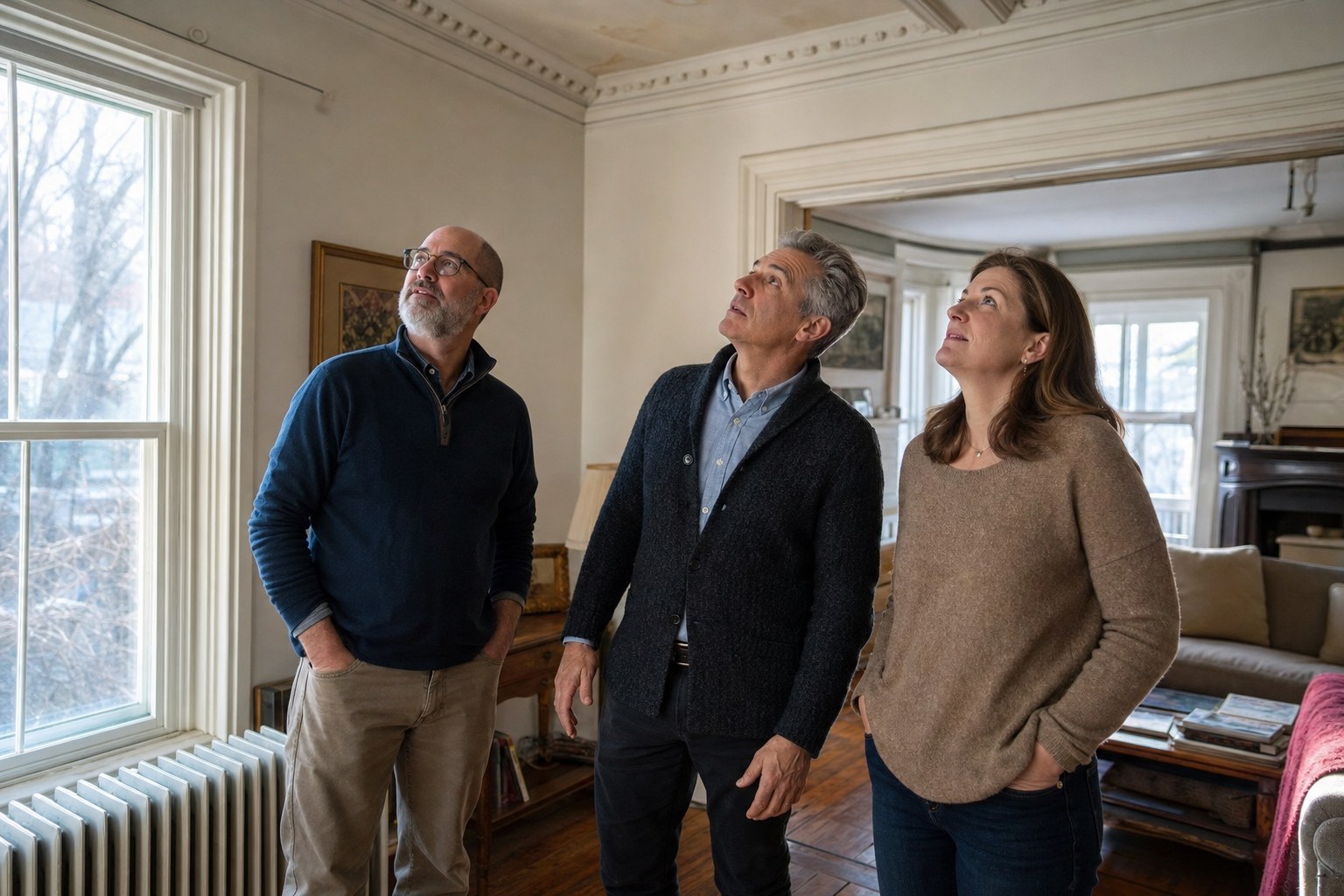 Architect and homeowners considering an older home's light and existing details