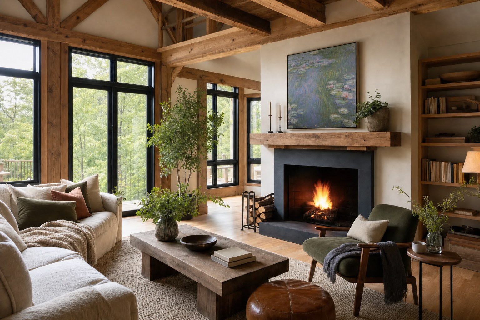 A peaceful living room with a water lily painting above the fireplace