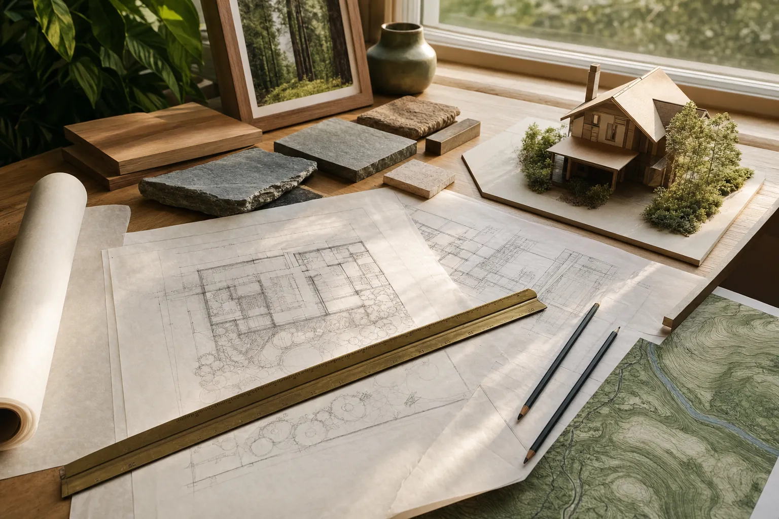 Architectural plans, material samples, and a small home model on a sunlit table