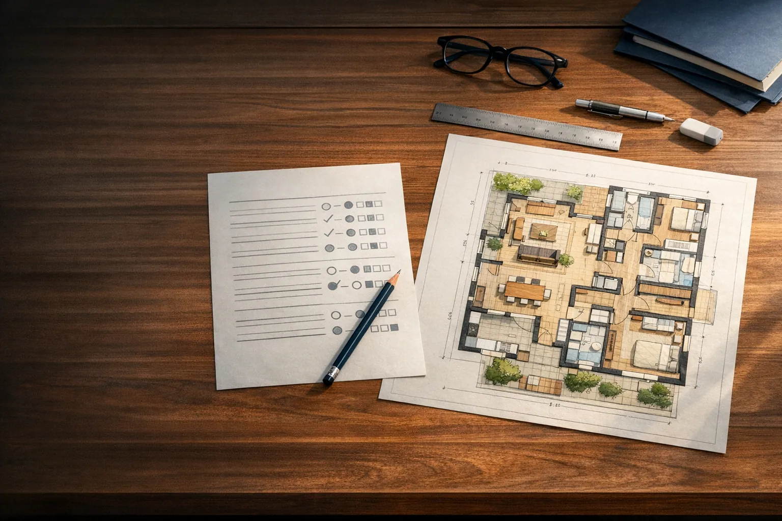 A floor plan and CHD Score evaluation sheet on a work table