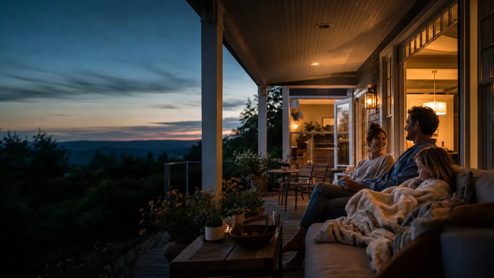 A family enjoying an easy summer evening together on their porch