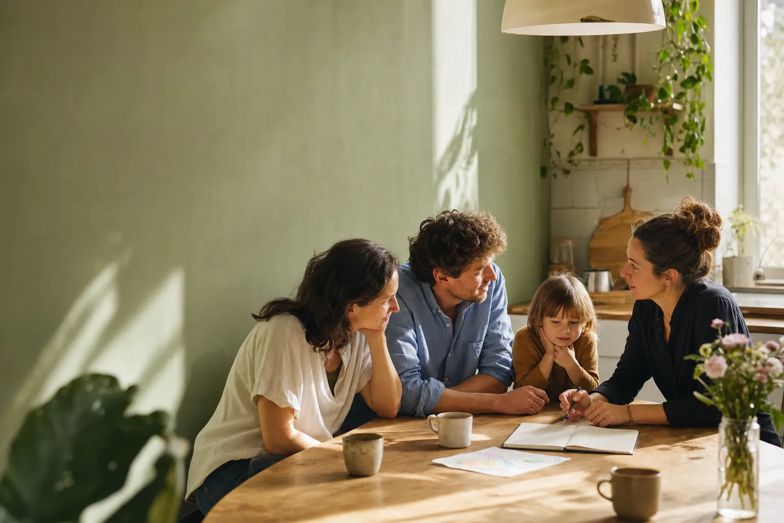 A family talking with a design guide around a sunny kitchen table