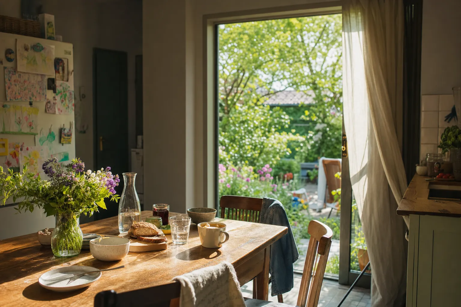 Coffee and breakfast in sunlight beside an open door to a green summer garden