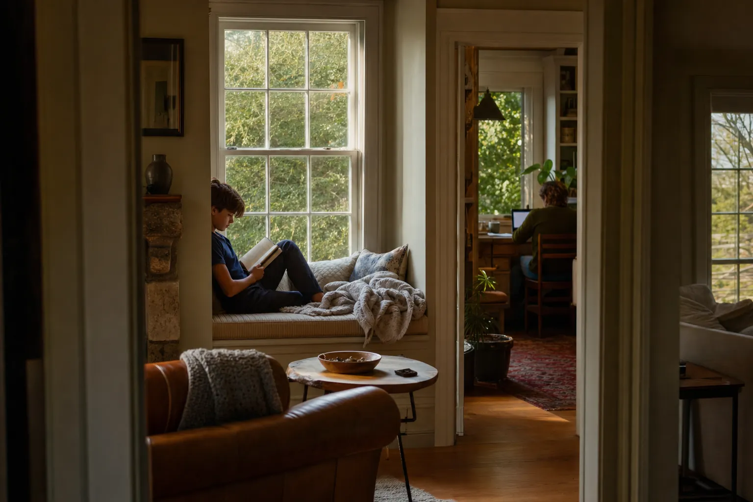 A calm family den with a rumpled window seat and a quiet work nook