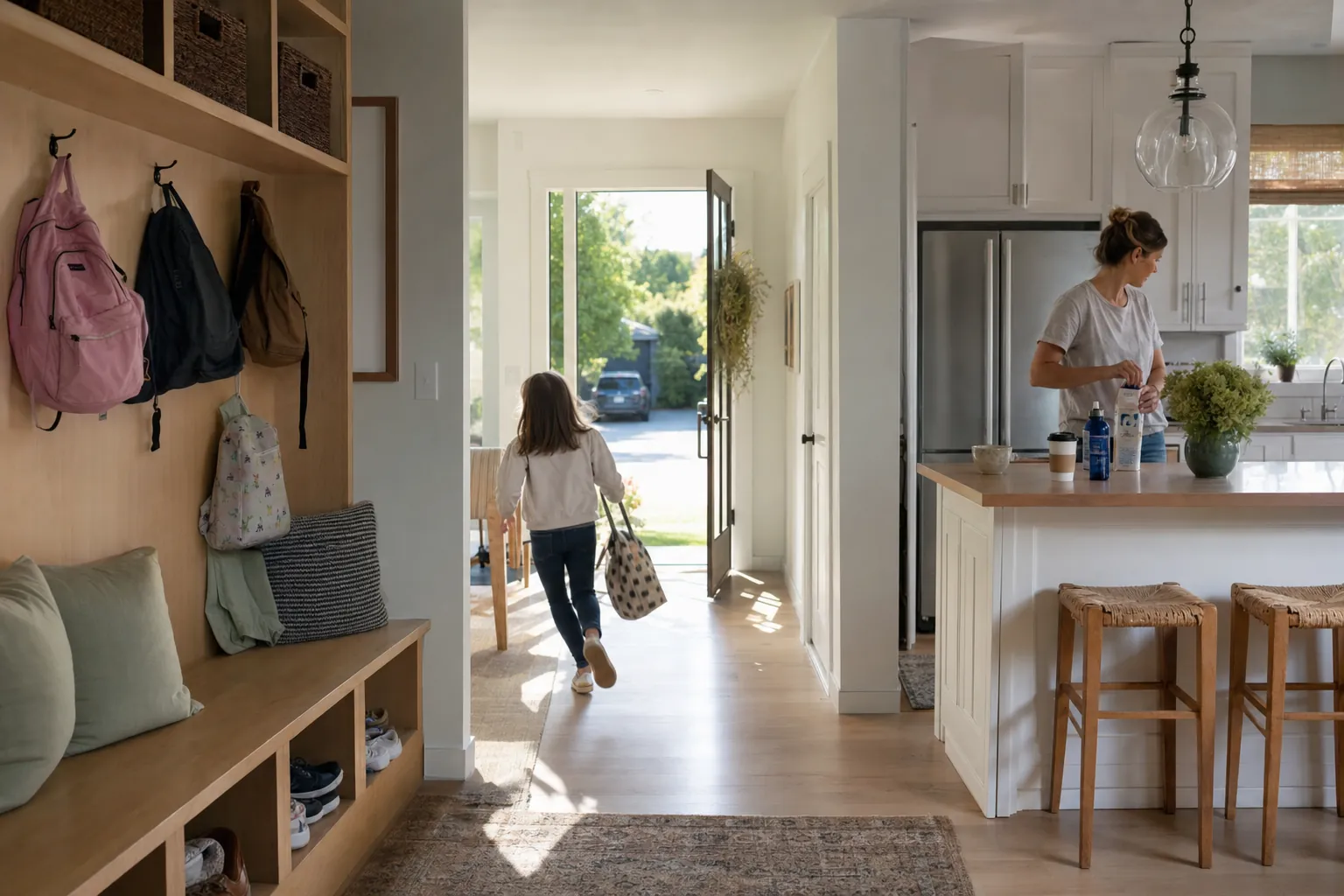 A parent and child moving easily from a family mudroom into a sunny kitchen