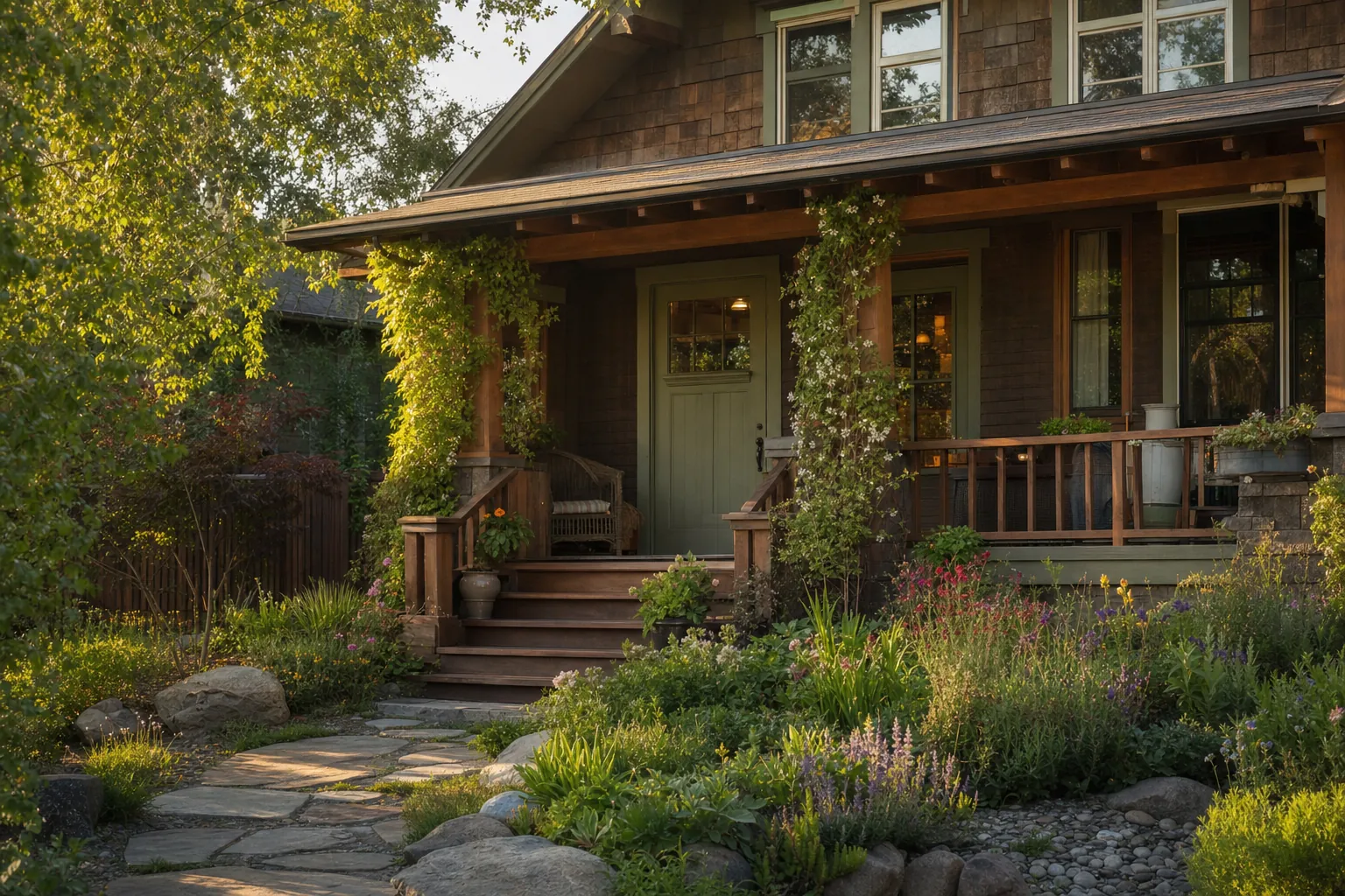 A craftsman home with a deep porch, sage door, and cottage garden