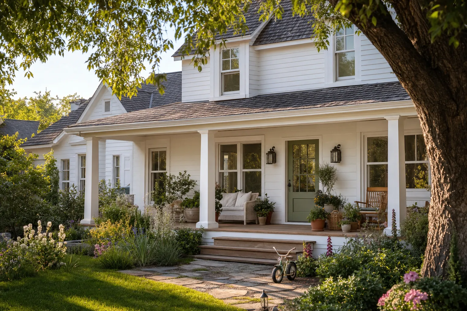 A sunlit farmhouse with a welcoming porch and flowering garden