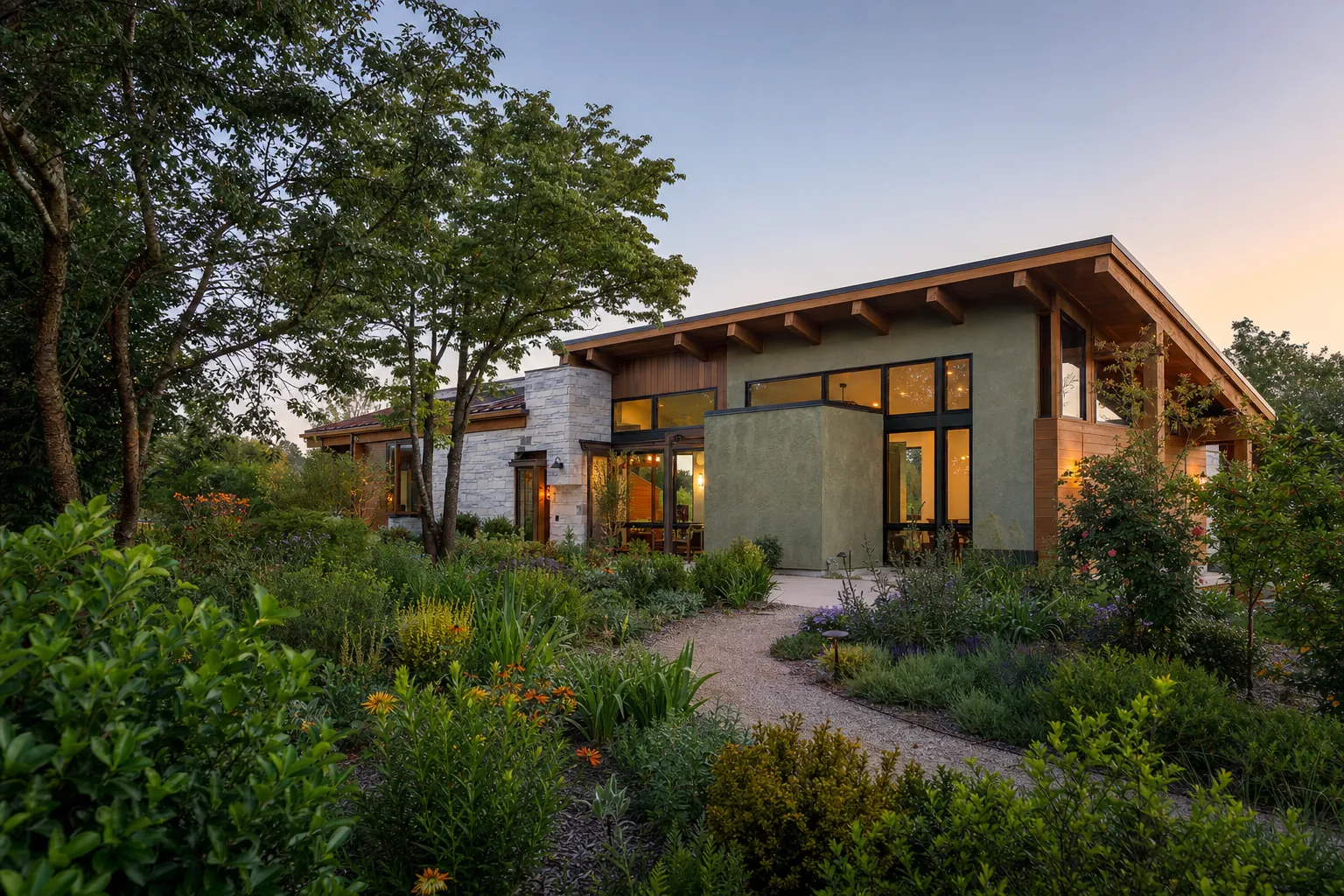 A warm modern home surrounded by a natural flowering garden