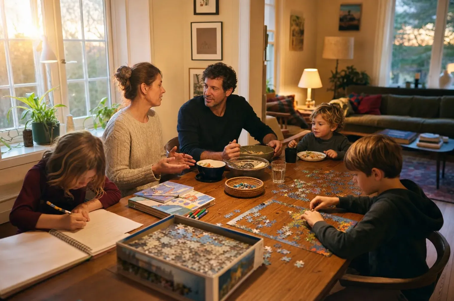 A family gathering around a table for dinner, homework, and a puzzle