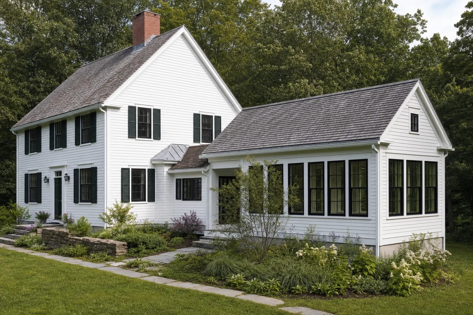 A Vermont farmhouse with a modern timber-and-glass addition