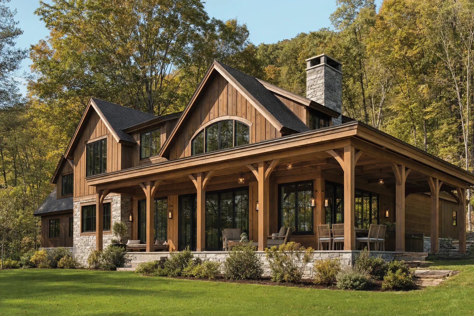 A timber and stone custom home in a Vermont woodland setting