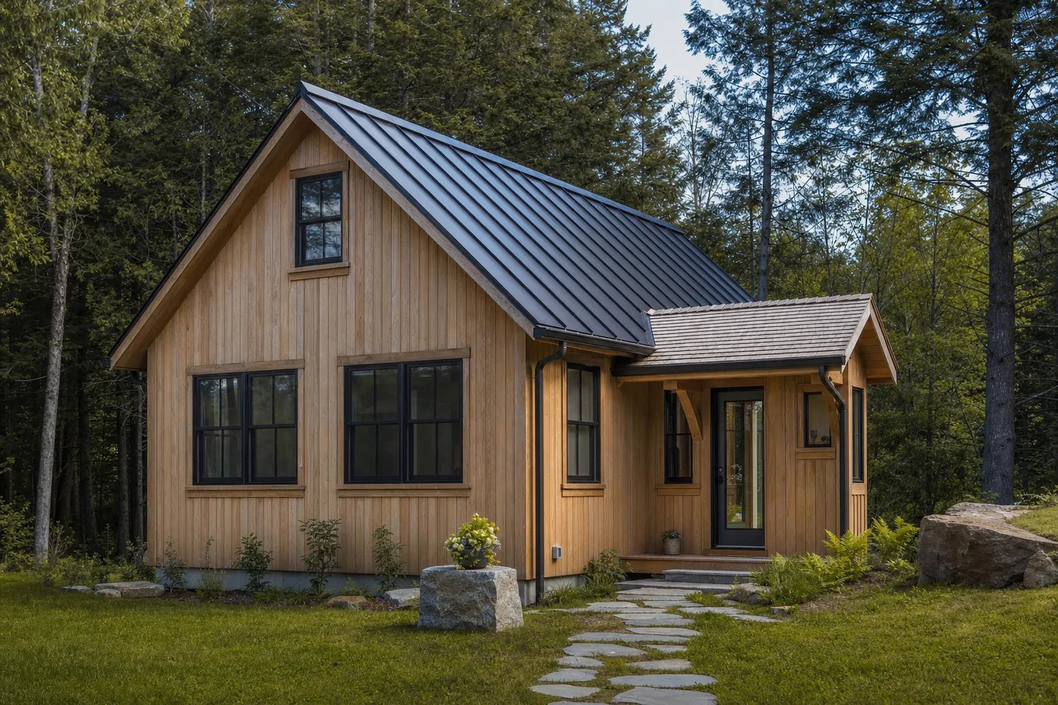 A compact Vermont guest cottage with wood siding near the forest
