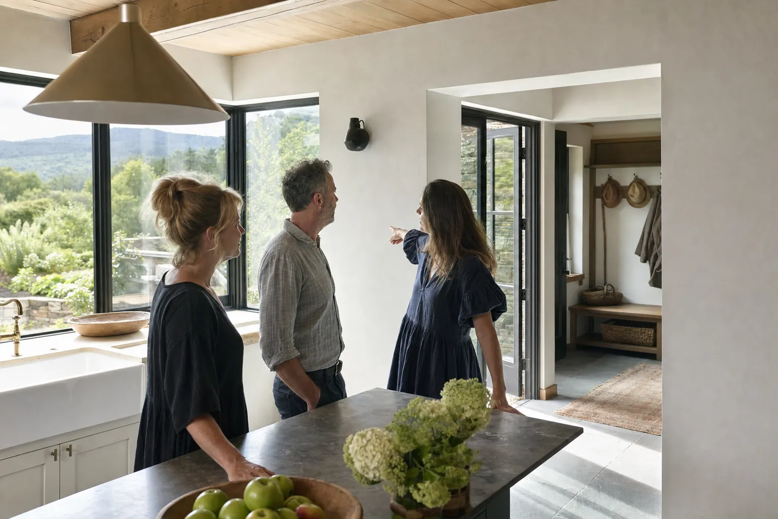 Homeowners and an architect discussing the connection between a kitchen, entry, and garden