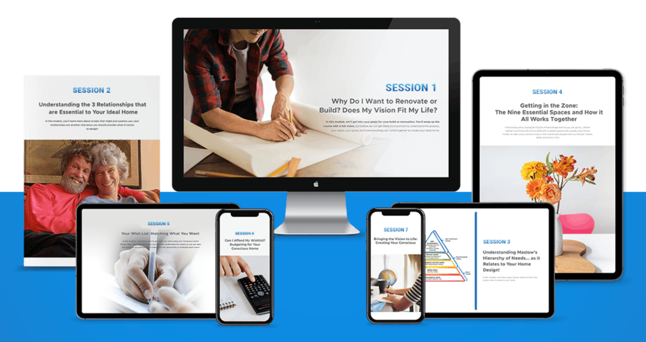 The Conscious Home Design Online Workshop shown across desktop, tablet, and phone.