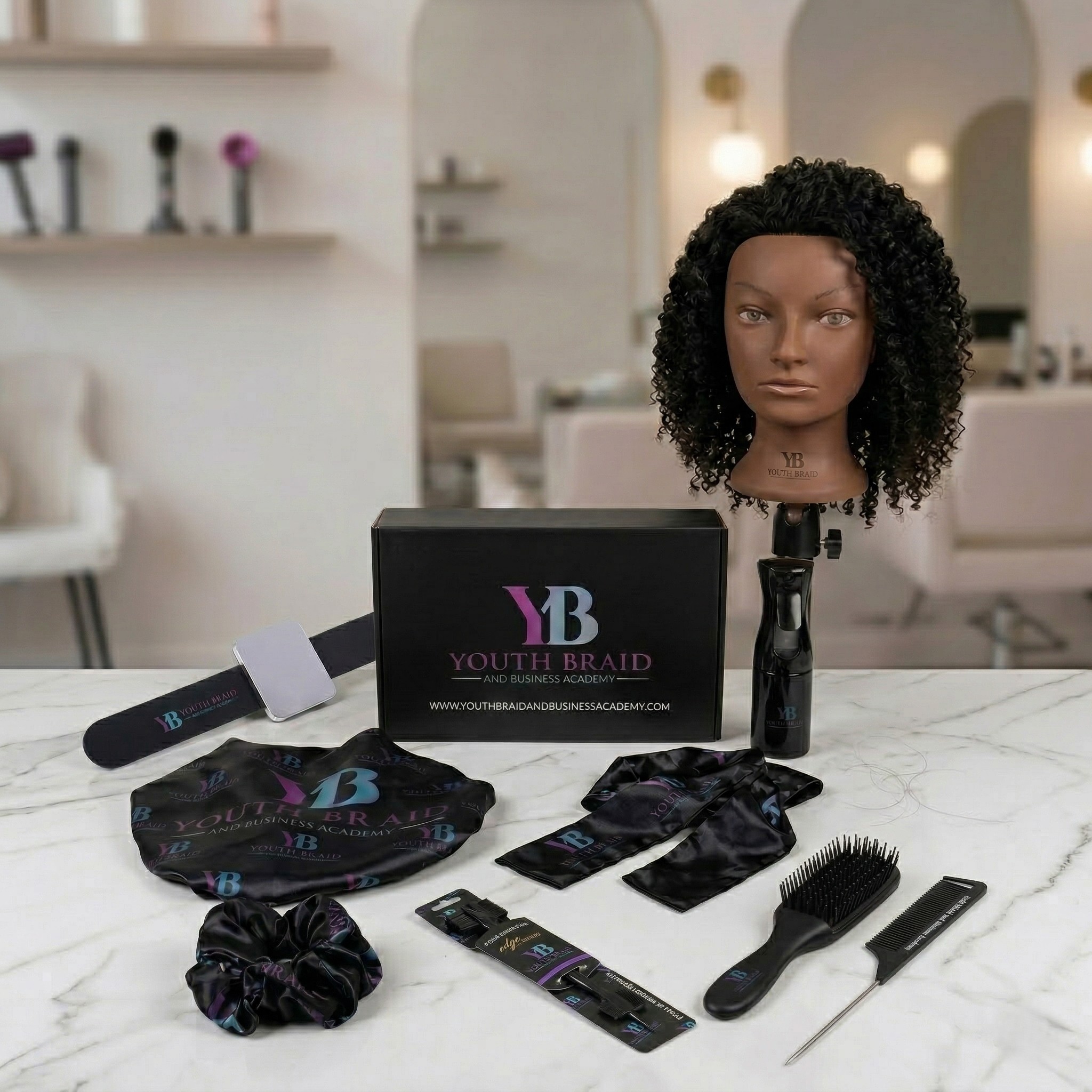 Youth Braid complete kit with mannequin head, products, and branded box