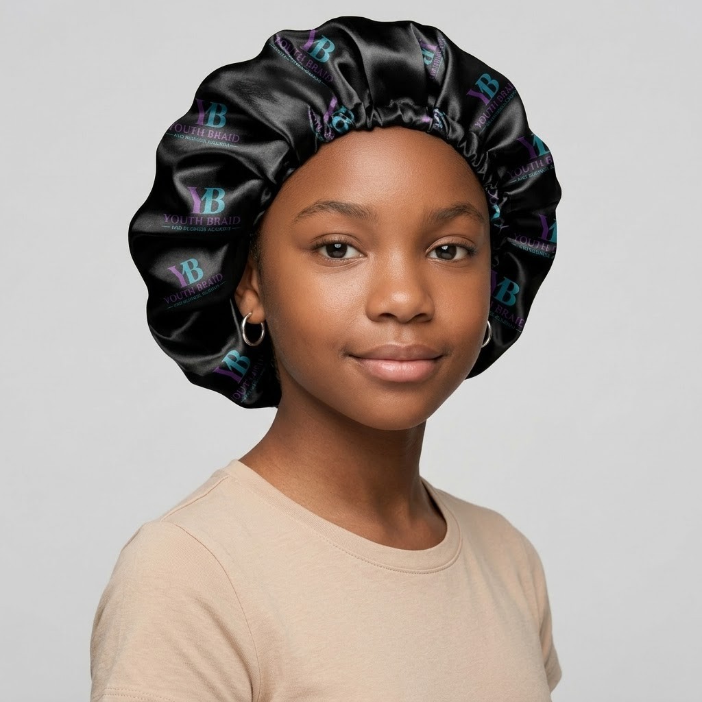 Youth Braid satin bonnet worn by a student