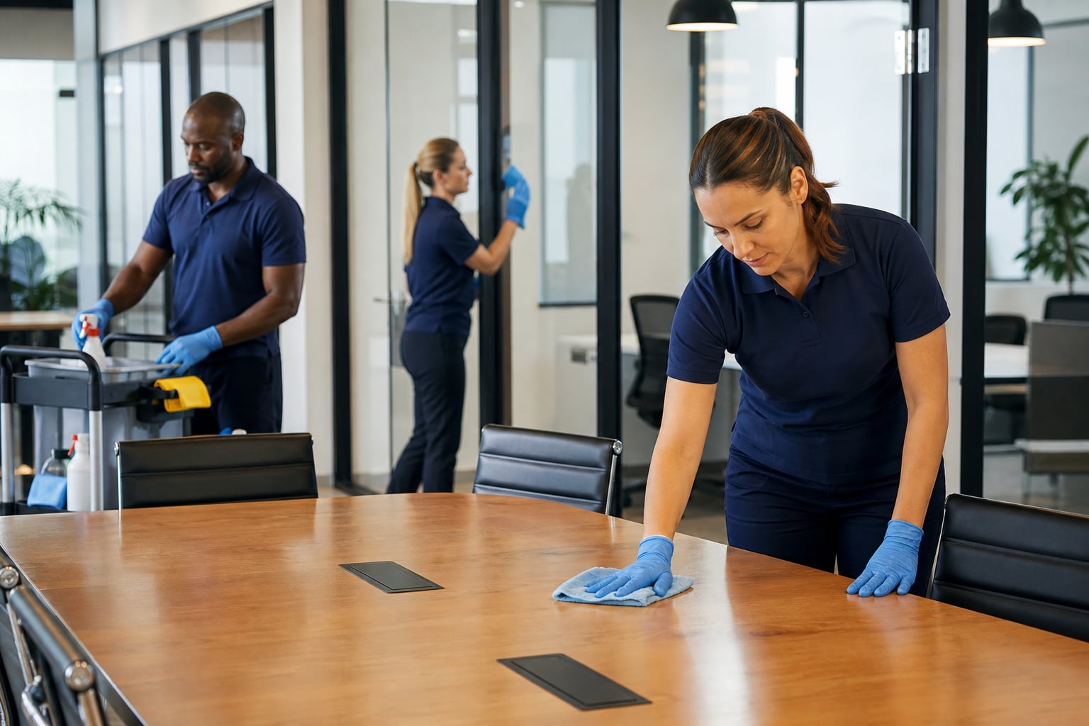 Commercial cleaning team preparing a modern office conference room