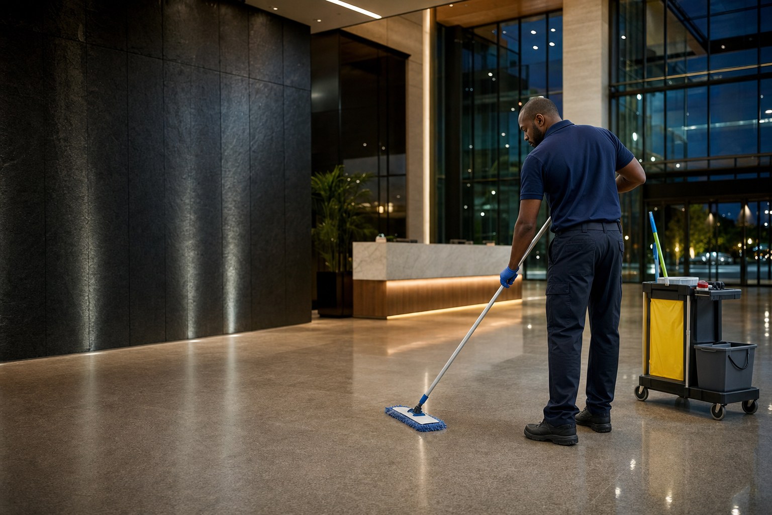 Commercial cleaner mopping a polished office lobby after hours